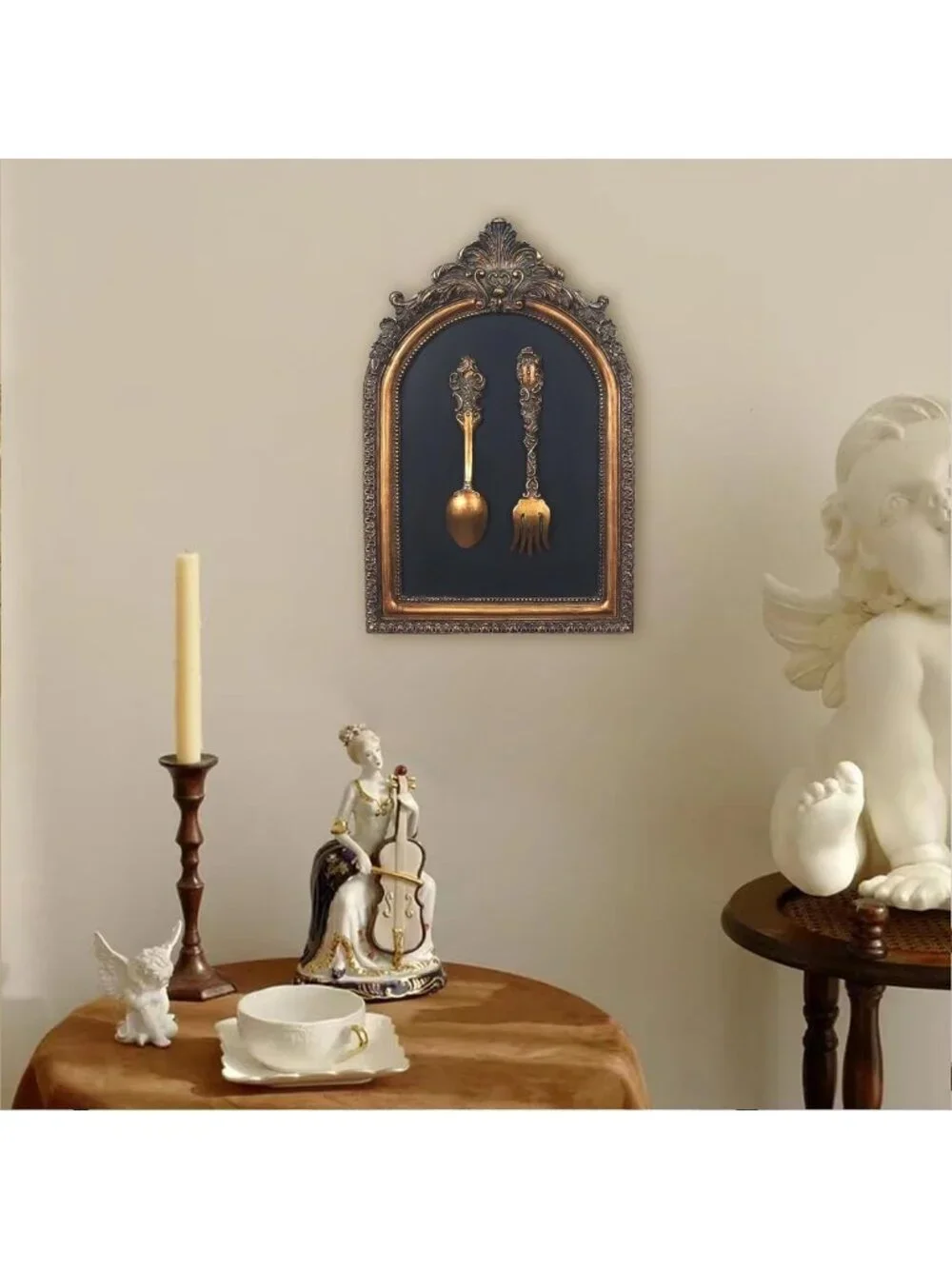 Vintage Wall Sculpture - Antique Pediment Art, Hand-Painted Fork & Spoon Décor